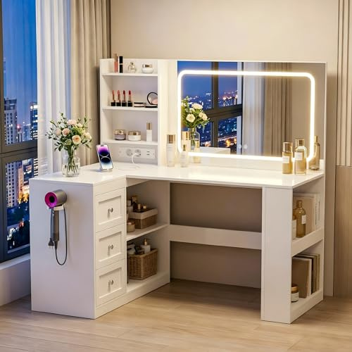 YOUDENOVA Coiffeuse avec Miroir LED, Couleur & Luminosité Réglables, Grand Miroir et Prises, Coiffeuse Angle avec 3 Tiroirs et 3 Étagères, 4 Compartiments Inférieurs, 120x80x136 CM Moderne, Blanc