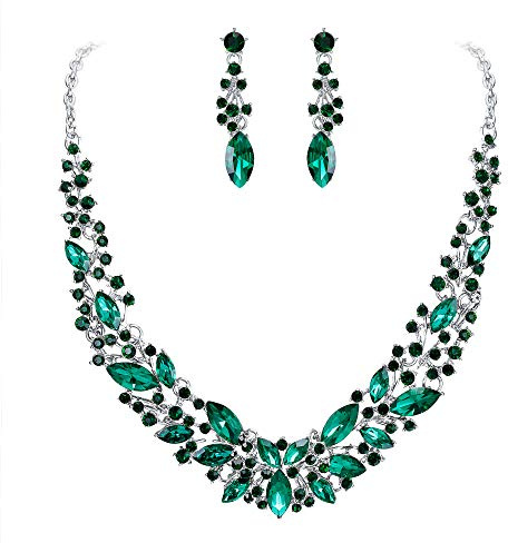 Clearine Femme Parure Bijoux Mariage Cristal Oval Cluster Collier Plastron Boucles d'oreilles Pendantes Emeraude Ton d'argent