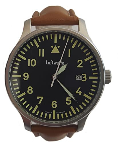 Luftwaffe Orologio da polso da piloti notturni, in acciaio inox 3H84, quadrante nero, marrone, cinghia