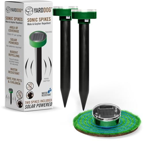 YARDDOG Sonic Spikes Mole Gopher Repeller - Solar Powered Mole Repellent, Ultrasonic Gopher, Vole, Snakes Deterrent, Sonic Spikes for Lawn & Garden – Water-Resistant, Child & Pet Friendly, Green