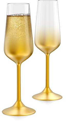 RAKLE Champagnerflöten - 2er Set Gold Champagnergläser - Premium Champagnergläser Glas Set - 7 Unzen hohe Cocktailgläser mit Stiel ideal für Bar, Party, Hochzeit, Zuhause