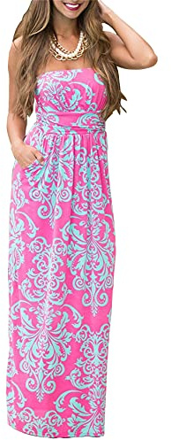 PRIMODA Womens Strapless Tube Top Maxi Dress Floral Boho Beach Dress with Pockets(M 7#Rose)