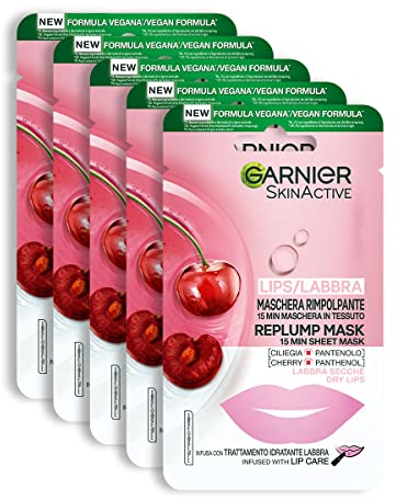 Garnier Maschera in Tessuto per Labbra, Formula Super Idratante e Rimpolpante, Con Ciliegia e Pantenolo, Confezione da 5