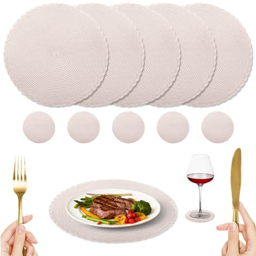 NAKIHOUSE 12er Set Tischsets Weihnachten Rund Beige Platzstes, Gewebte Tischsets Abwaschbar Platzsets mit Untersetzer, Hitzebeständig rutschfest Platzdeckchen für Hochzeit, Fest-34cm