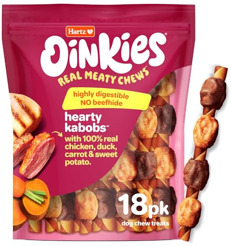 Hartz Oinkies Hearty Kabobs Rawhide‑Free Dog Treats, High‑Protein, Long‑Lasting Highly Digestible Chews Made with Real Chicken, Duck, Sweet Potato & Carrot, 18 Count