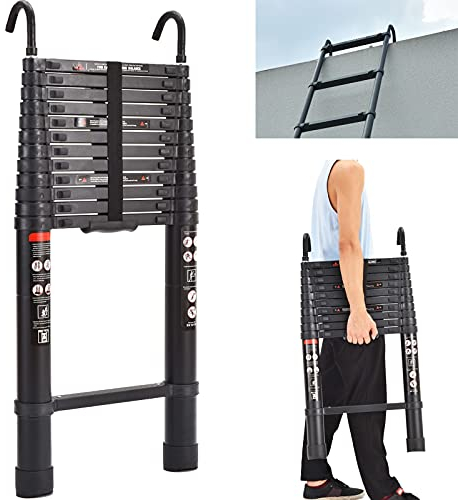 BRIEFNESS 5M Telescopic Ladder with Detachable Hook Aluminum Ladder Heavy Duty Extendable Ladder Multi Purpose Ladder 330lbs Capacity EN131 Safety Approved, Black, 5M Aluminum Black with Hook