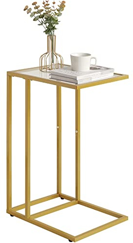 YMYNY Tavolini Bassi, Tavolino a Forma di C, Tavolino Laterale da Divano in Vetro Temperato per Piccoli Spazi con Struttura in Metallo, Tavolo da caffè, per Soggiorno, 40 x 30 x 63CM Dorato HGD001G