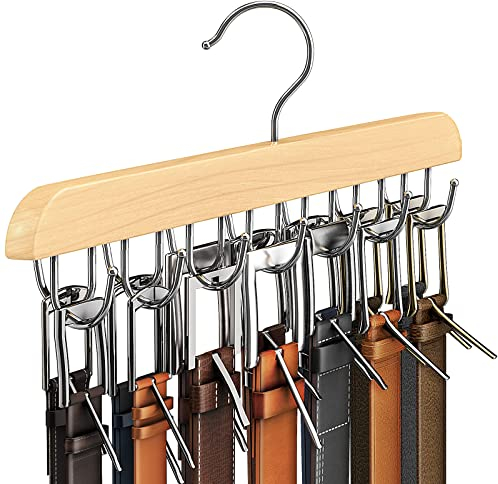 Resovo Belt Hanger for Closet, Sturdy Wood Belt Rack Closet Accessories with 14 Hooks Belt Organizer for Closet Organizers and Storage Max 42 Belts-Wood 1 Pack