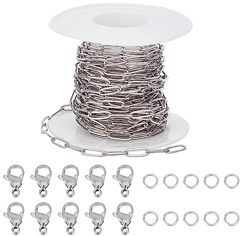 SUNNYCLUE 16.4 Fuß/5 m Büroklammer Kettenspule Edelstahl Silberfarben Büroklammer Ketten Rolle 30 offene Biegeringe 10 Karabinerverschlüsse Für Schmuckherstellung Zubehör Männer Frauen DIY Handwerk