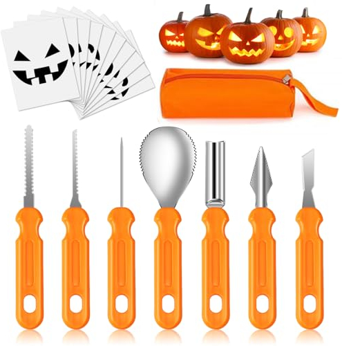 Mengine Halloween Pumpkin Carving Kit, 7 Piece Set Professional Pumpkin Carving Tools Heavy Duty Stainless Steel with Stencils and Storage Bag for Halloween Pumpkin Decorative