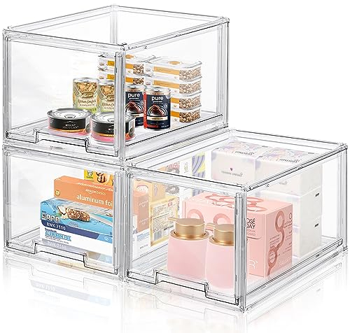 LINYAPRY – Lot de 3 tiroirs de rangement empilables en plastique transparent avec tiroir extractible pour armoire de cuisine, garde-manger, réfrigérateur, congélateur, étagère et rangement
