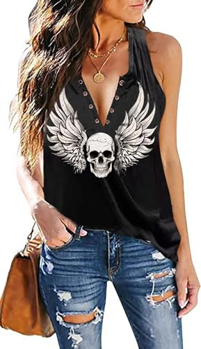 Fensajomon Skull Shirt for Women V Neck Sleeveless Summer Workout Tank Top