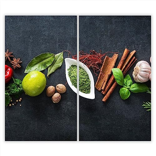 SMTDeco Herdabdeckplatte 2×30×52 cm – ESG gehärtetes Glas, kratzfest & rutschfest – Spritzschutz & Schneidebrett – für Induktion/Ceranfeld – 2-teilig, Motiv Zweiteilig Kräuter Grau