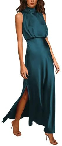 ARESU Vintage Mock Neck Sin Mangas Vestidos De Satén Mujeres Elegante Vestido Largo De Fiesta Formal De División Alta Vestido De Noche De Cintura Delgada Femenina-Azul-M