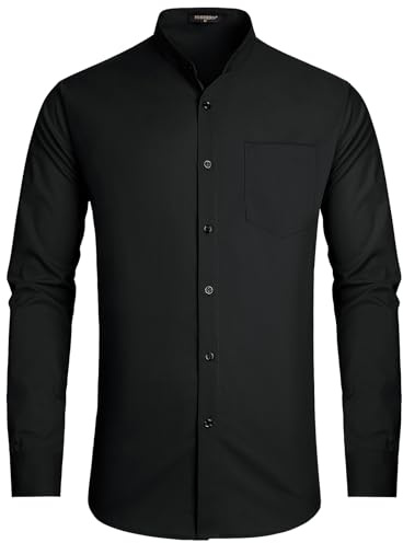 HISDERN Camicia Nero Uomo Manica Lunga Regular Fit Elegante Camicia Collo Coreana Uomo Matrimonio Formale Gemelli Camicia Uomo Nero con Tasca XXL
