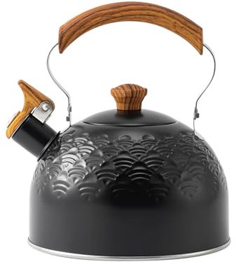 HOUSN Moderne Wasserkessel Induktion, Flötenkessel mit klappbarem Holzmaserungsgriff, Pfeifkessel aus Edelstahl, Emaille Beschichteter Wasserkocher für Wasser Erhitzen Tee und Kaffee Kochen,Schwarz