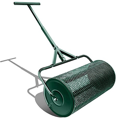 OSBELE Esparcidor de turba y Musgo de 24 Pulgadas, esparcidor de Semillas, esparcidor de abono con Mango Ajustable, para el Cuidado del césped y el jardín, Rodillo de aderezo de Cesta de Malla Met