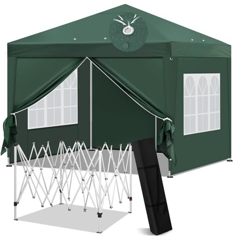Laneetal Tonnelle Pliante 3x3m, Pavillon Imperméable, Tonnelle de Jardin, Tente Pliable, Barnum Réglable en Hauteur avec Parois Latérales et Fenêtres, pour Camping Barbecue Fête Plage, Vert