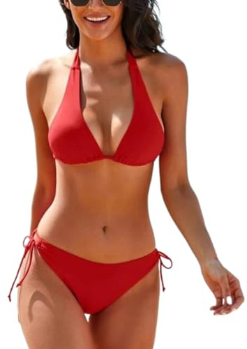 DURINM Costume da Bagno 2 Pezzi Donna Push Up Bikini Set Costumi Push Up Scollo a V Top Bikini con Lacci Incrociati sul Retro e Pantaloncini da Bagno con Coulisse Laterale a Pieghe