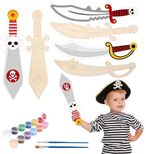 DKINY 6PCS Piratenschwerter aus Holz, Piraten Schwert Holzbastelset für Kinder, Piratensäbel zum Basteln und Bemalen, Kreativesets Bastelbedarf Geschenk für Junge Mädchen in Halloween Karneval