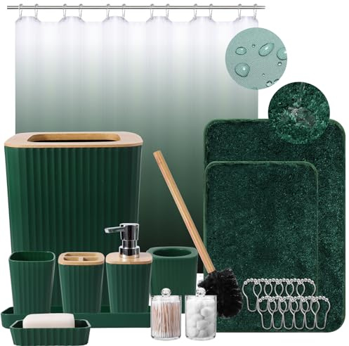 XLHOMO Dark Green Bathroom Accessories Set with Ombre Shower Curtain and Bathroom Rugs,Bathroom Sets with Trash Can,Toothbrush Holder and Cup,Soap Dispenser,Tray,Soap Dish,Toilet Brush,Qtip Holders