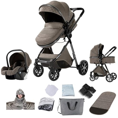 Reenborn Kinderwagen 3 in 1, Buggy mit Ein-Klick-Faltdesign, Kinderwagen mit Zwei Umkehrbaren Schiebemodi, Kombikinderwagen 3 in 1 Komplettset mit Rahmen Aluminiumlegierung (V9 Chocolate)