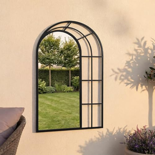 CHARLES BENTLEY Paris Arch Mirror In Black, Weather Resistant, Shatterproof, Wall Mounted Accent Mirror Décor For Garden, Indoors, Iron, Aluminium (95x60x2.5cm)