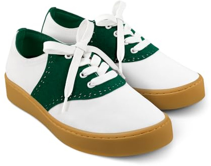 Hot Chocolate Design Lace-Up Casual Sneakers, Saddle Green – Flat Sole Sneakers for Women, Green & White Color Block Canvas Upper, Vintage Retro Sporty Design Sneakers — Size 37