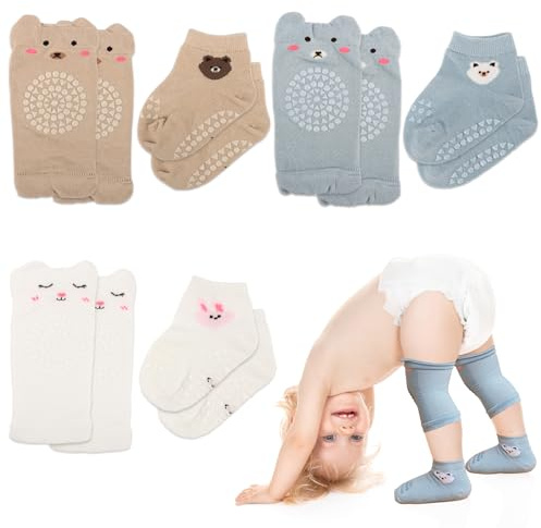 TIVUNORON 3 Paar Knieschoner Baby Baumwolle und 3 Paar Baby Krabbel Socken, 3 Sets Atmungsaktive Baby Knieschoner krabbelschoner, Anti Rutsch Krabbelhilfe, für Kleinkinder 0-12 Monate