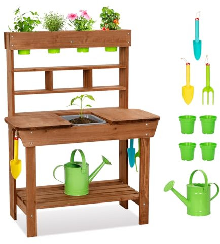 OOOK Potting Bench with Removable Sink, Potting Benches for Outside, Mud Kitchen for Kids Outdoor with Gardening Tools, Watering Can, Flower Pot, Ideal Gift for Boys and Girls 3+, Solid Fir Wood
