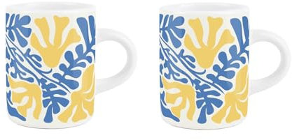 Purely Home Floral Espresso Cups - Yellow & Blue Retro Blossom - Small Mini White Ceramic Coffee Shot Mug Gift - Set of 2
