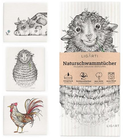 Ligarti® Schwammtücher aus Holz (100% öko & waschbar) 3er Set Spültücher nachhaltig kompostierbar I Allzwecktücher für den Haushalt Made in Germany I Spüllappen, Spülschwamm (Kuscheltiere)