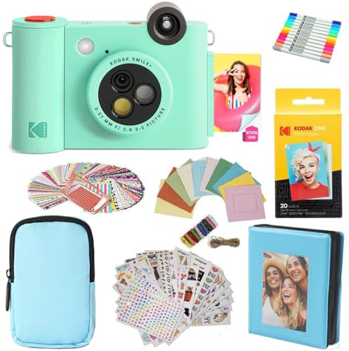 KODAK Smile+ - Paquete de Regalo de cámara instantánea Digital e Impresora fotográfica 2 en 1, Funda + Papel Zink + álbum + Marcos + calcomanías + marcadores, Color Verde