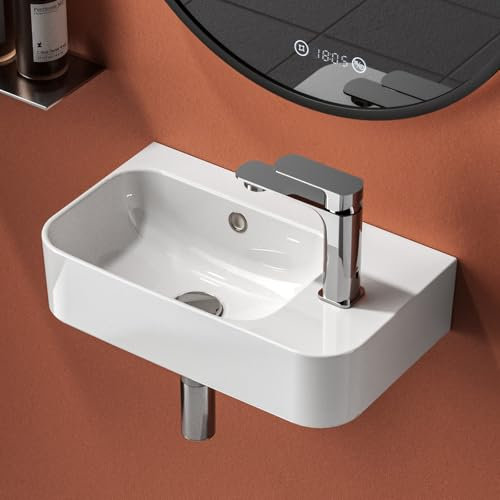 EMKE Lavabo de Cerámica 450 x 265 x 156 mm, pequeño, Lavamanos para montar, grifo a la derecha, lavabo suspendido para fijar en la pared para WC de invitados y baño, blanco brillante