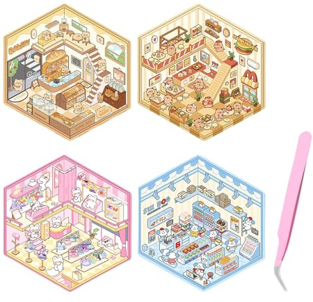 Yeomju DIY 3D Hausaufkleber Set Kreatives Stickerset Für Miniaturhäuser 4 Dekorative Szenerie Aufkleber Für DIY Projekte Und Bastelarbeiten