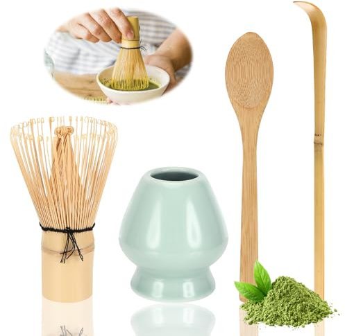 Vasmeiy 4 Piezas Matcha Set Matcha Kit Juego, Accesorios Para Batidora Macha Tea Set con Cuchara Matcha, Batidora Matcha, Portacepillos de té de Cerámica (color cian)