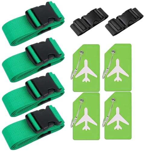 4 Stück Koffergurt & 4 Stück Kofferanhänger & 2 Stück Fügen Sie Eine Tasche Gepäckgurte Hinzu, Kofferband Gurt, Einstellbare Kofferbänder, Auffällig Luggage Strap für Koffer (Dunkelgrün)