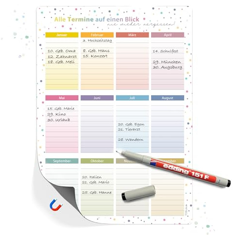 TOBJA magnetischer Geburtstagskalender A4 | Jahresunabhängig & abwischbar | Immerwährender Kalender mit bunten Dots | Dekorativ & wiederverwendbar (Dots magnetisch +Stift)