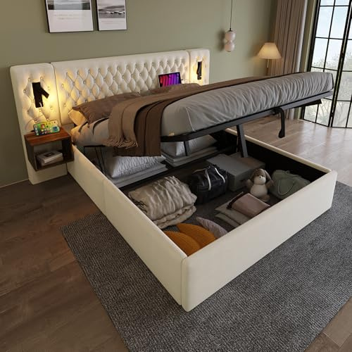Polsterbett Doppelbett Bettanlage 180x200 cm, Schlafzimmer Komplett Set, Hydraulisch Stauraumbett mit 2x Nachtkommoden, LED Kopfteil Bett mit Leselicht & USB Ladefunktion, Samt, Ohne Matratze, Beige