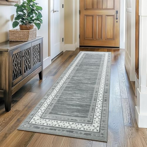 IMIYOKU Läufer Teppich für Flur Waschbarer Kurzflor Teppich mit rutschfestem Gummirücken Modern Küchenläufer für Eingangsbereich, Waschküche & Wohnhausflur Grau 65x240 cm