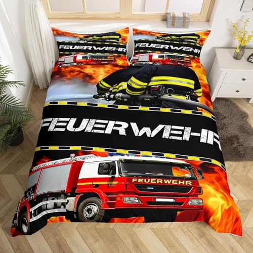Homewish Feuerwehrmann Bettwäsche 135x200 Kinder, Feuerwehr Auto Fahrzeug Bettbezug Set für Jungen Mädchen Jugendliche, Feuerwehr Muster Schlafzimmer Dekor Betten Set Mikrofaser Mit 1 Kissenbezug