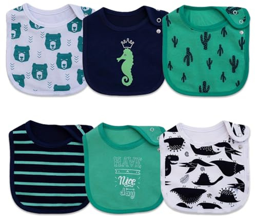 Maiwamita - Paquete de 6 baberos impermeables de algodón con estampados de animales y flores para niñas y niños, con botones ajustables para babear y comer, Talla única
