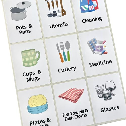 Dementia Kitchen Labels, Pack of 9, Easy to Read Cupboard & Drawer Stickers for Alzheimer’s, Visual Aids to Help Identify Food, Crockery, Utensils – Memory Loss Support for The Elderly
