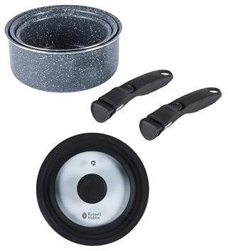Russell Hobbs Nightfall Stone Saucepan Set – Smart Clip Non-Stick Pans, 16cm, 18cm, 20cm, Stay Cool Detachable Handles, Universal Lid, Oven to Hob to Table Cooking, Space Saving Stackable Cookware | Stackable design saves up to 43% space, suitable for induction and all hobs, handle-off oven safe to 200°C, PFAS-free coating