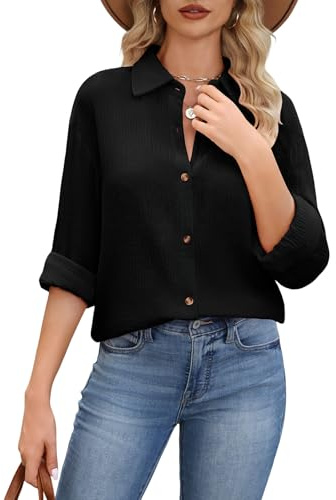 CMTOP Camisa Mujer Oversize Blusas Manga Larga Cuello en V Elegantes Camiseta con Botón Otoño Primavera Algodón Casual Suelta T Shirts (Negro, L)