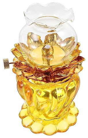 PartyKindom Vintage Öl Lampe aus mit Verstellbarem Docht Winddichtem Lotus Öllampenbrenner für Innen und Außenbereiche Dekorative Bernsteinfarbene Kerosinlampe für Buddhistische Zeremonien