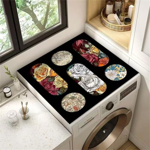 Highdi Housse de Protection pour Machine à Laver Top, Puzzle Rétro Coussin de Machine à Laver Antidérapant, Tapis de Protection pour Dessus Sèche-Linge Buanderie (Noir 7,40x40cm)