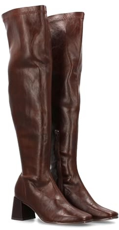 shoes&blues.es 95859 Bota de Cana Alta para Mujer con Diseno Elegante. Tacon Ancho y Cierre de Cremallera. Ideal para Otono Invierno. Marron Talla 38