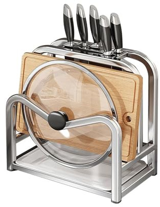 Multifunctional Cutting Board Organizer, Stainless Steel Knife Drying Rack Kitchen Countertop Pot Lids Organizer, Knife Block Holder with Drain Tray Bakeware Cookware Chopping Board Storag,Silver