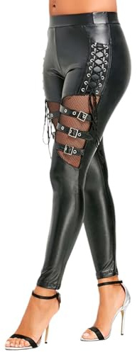 Celanisai Pantalon pour femme effet mouillé brillant punk gothique leggings en cuir épissure résille Pantalon en cuir Collant Treggings avec boucles Laçage gothique Steampunk Vintgae Pantalon Slim Fit